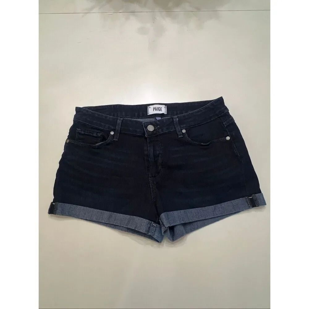 PAIGE Women's Jimmy Jimmy Whiskering Cuffed Hem Denim Shorts Black Size 28